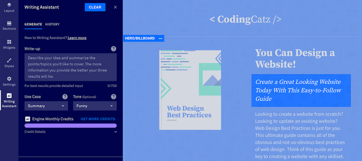 Use the AI writing assistant to generate text, create CTAs, rewrite headlines, and more.