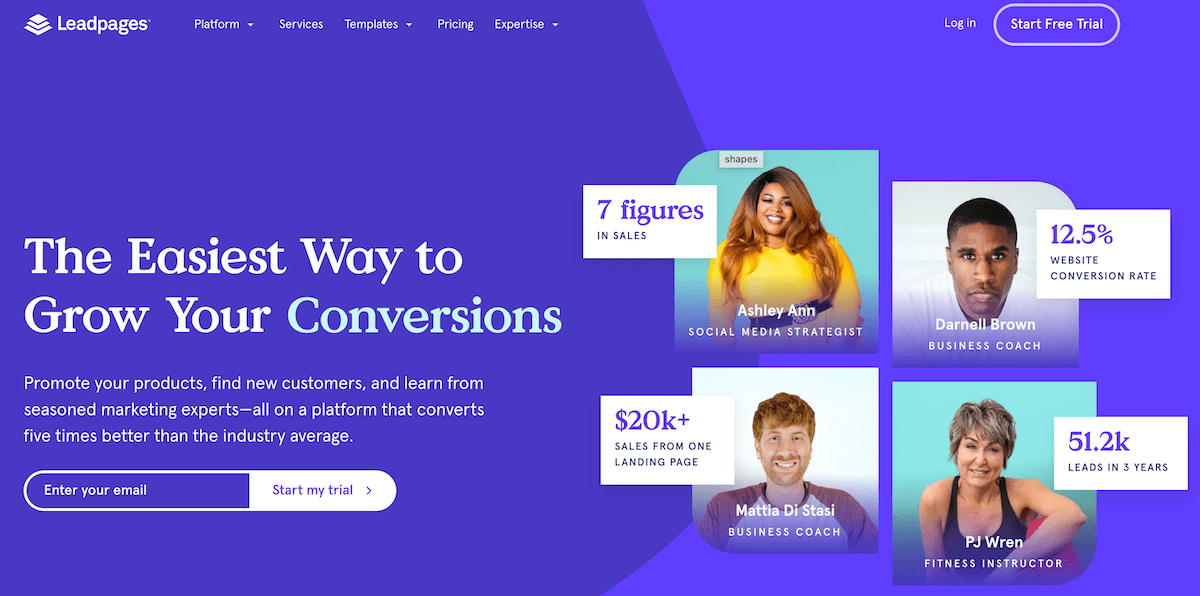 The homepage of the Leadpages landing page builder.