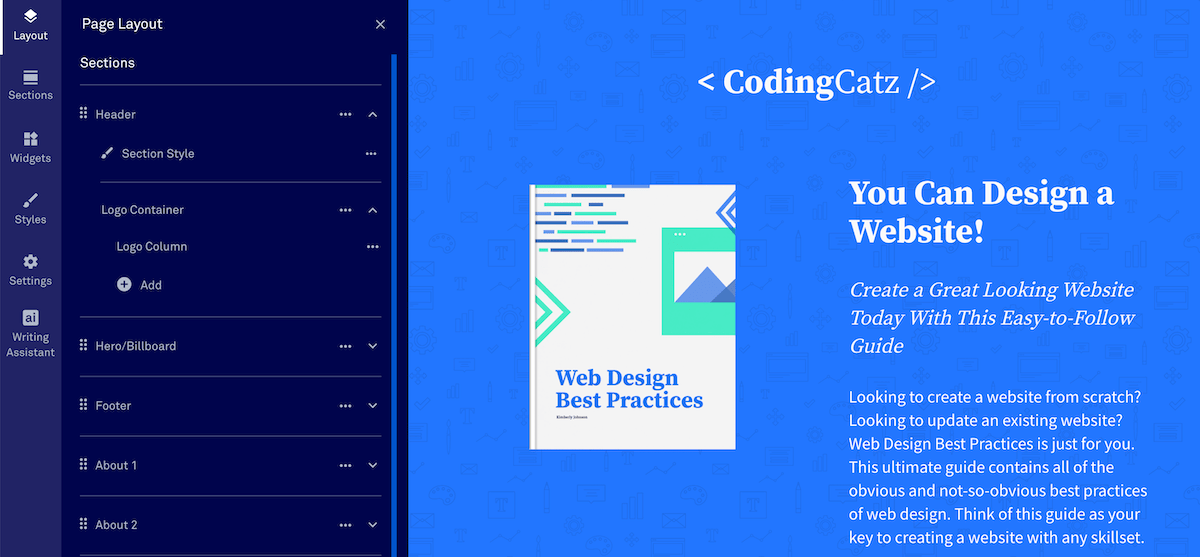 View the layout section of your landing page to add new elements, or edit any existing page element.