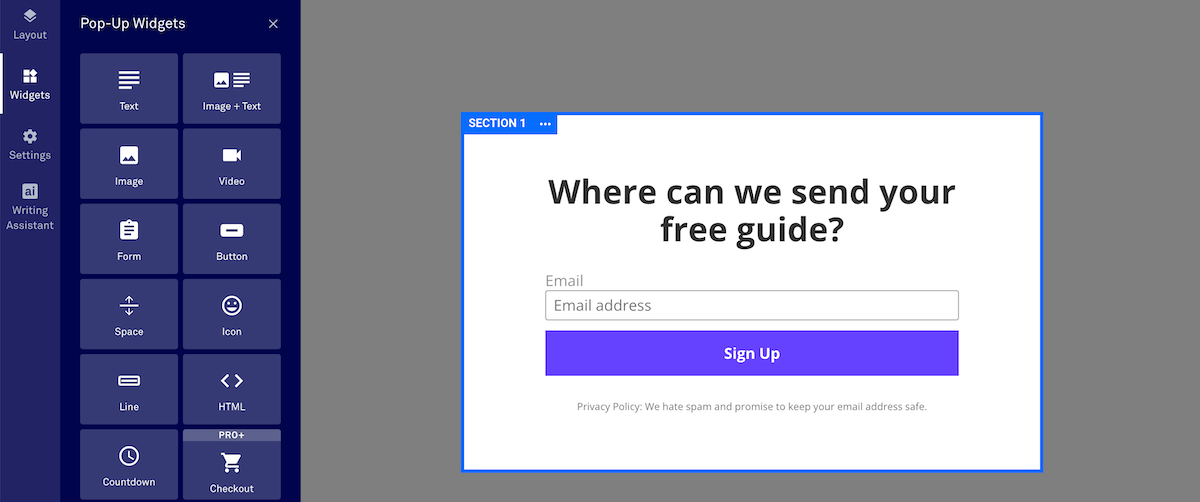 Create and edit a popup using the same builder as the landing page editor.