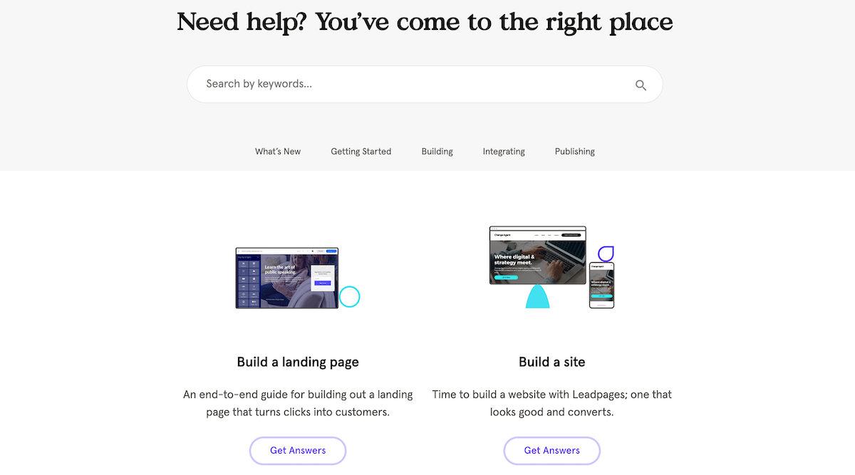 Leadpages knowledge base includes a variety of tutorials on getting started, building your landing page, adding integrations, and publishing.