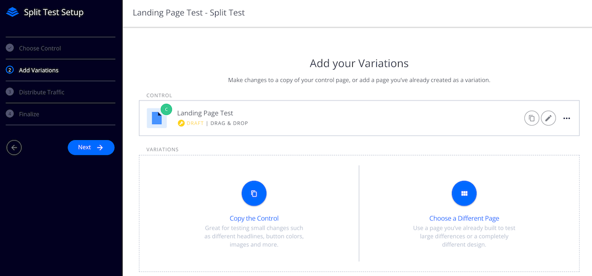 Create a A/B test of an existing landing page to improve your conversions.