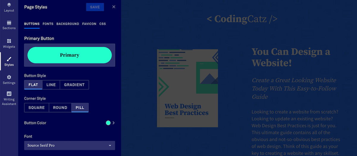 Edit your overall page styles. This includes fonts, button appearance, backgrounds, and more.