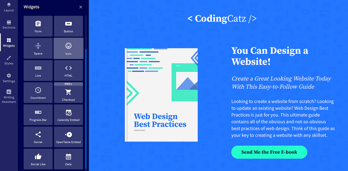 Add new widgets to your landing page, like forms, buttons, videos, icons, and more.