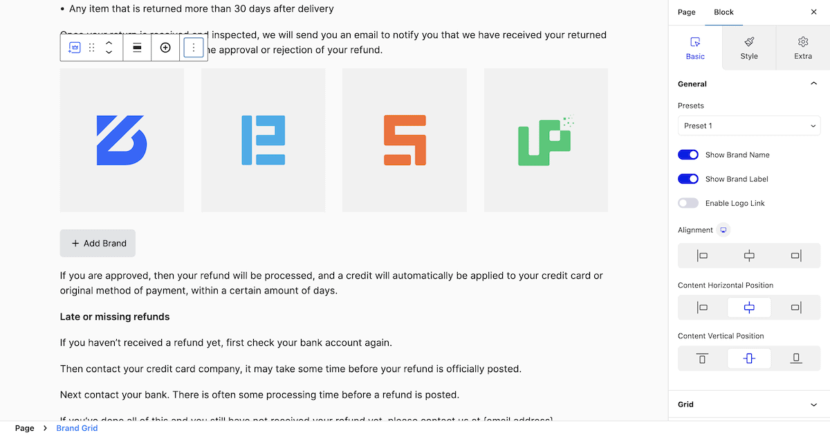 The WordPress Block Editor showing the ZoloBlocks customization options in the sidebar.