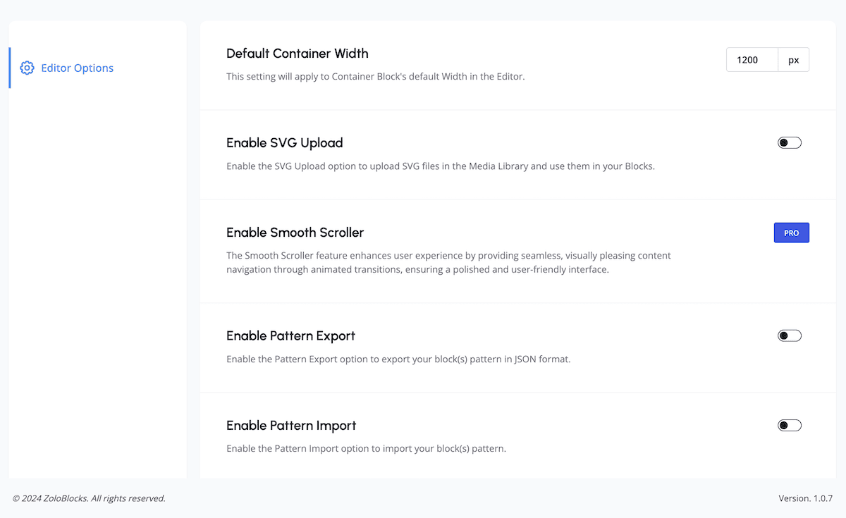 The ZoloBlocks options screen.