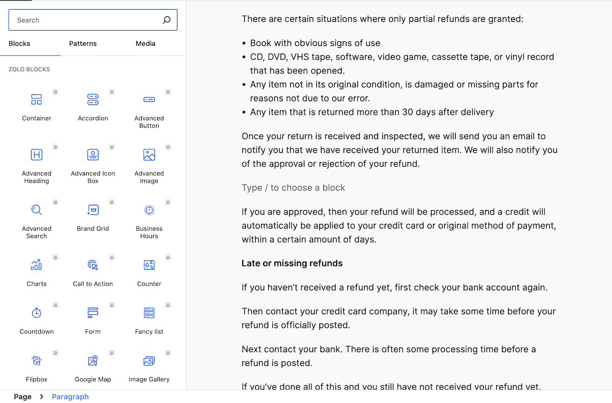 The WordPress Block Editor showing the left-hand sidebar, complete with most of the ZoloBlocks elements.
