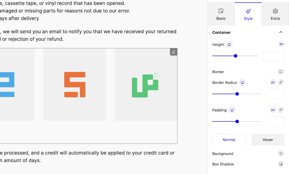 The WordPress Block Editor showing the ZoloBlocks Style tab in the sidebar.