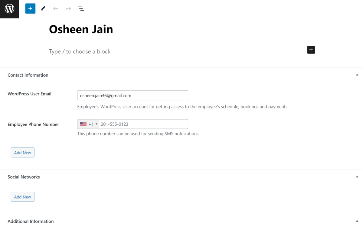 Adding an employee within the MotoPress Appointment Booking plugin.