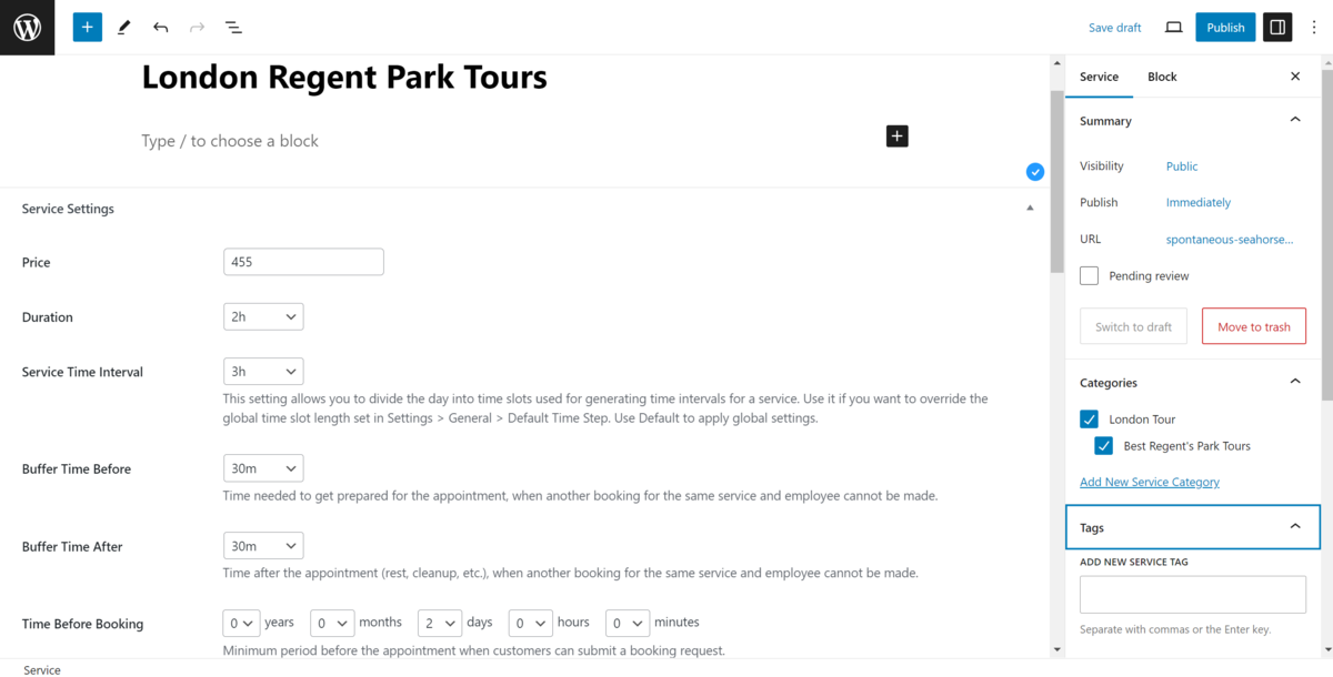 Adding a new tour service within the Block Editor.
