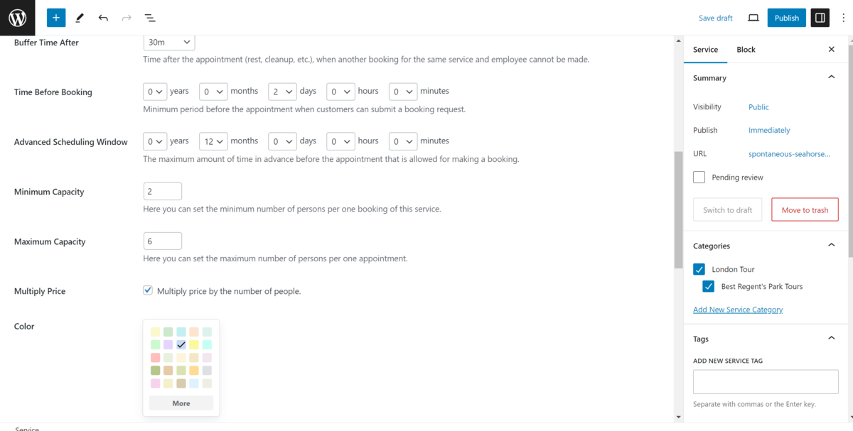 Completing fields for a new service in the MotoPress Appointment Booking plugin.