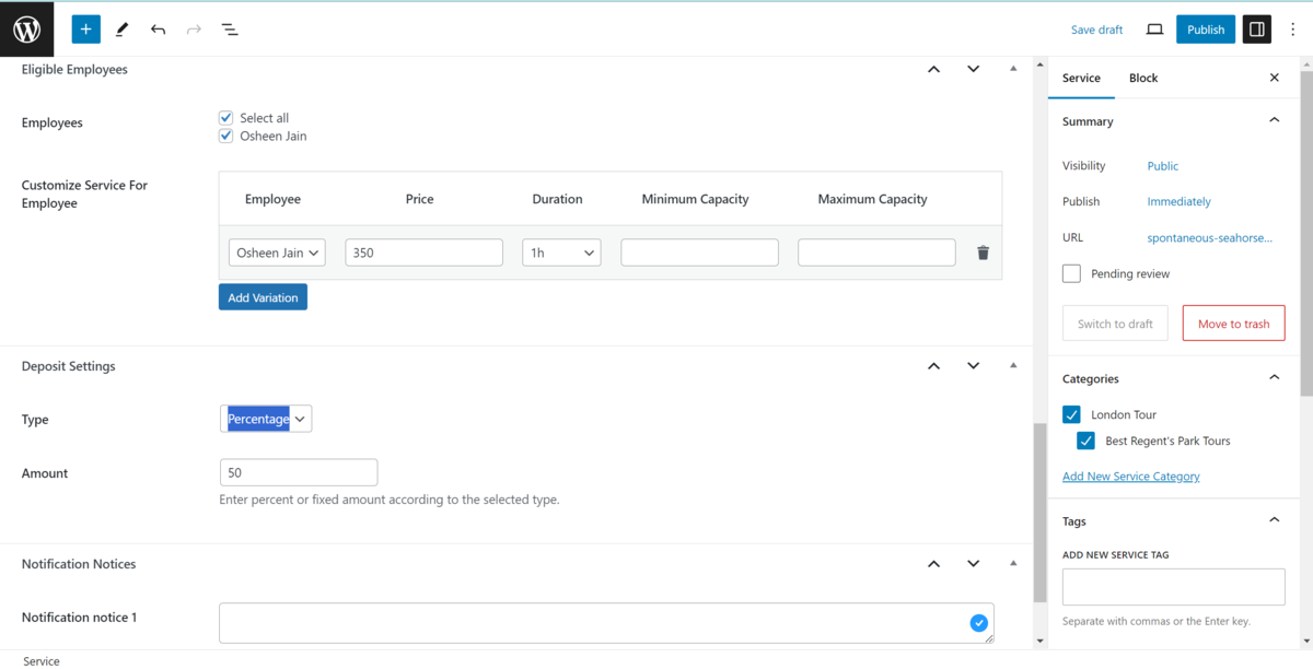 Screenshot 2 of adding a new service in the MotoPress Appointment Booking Plugin  
