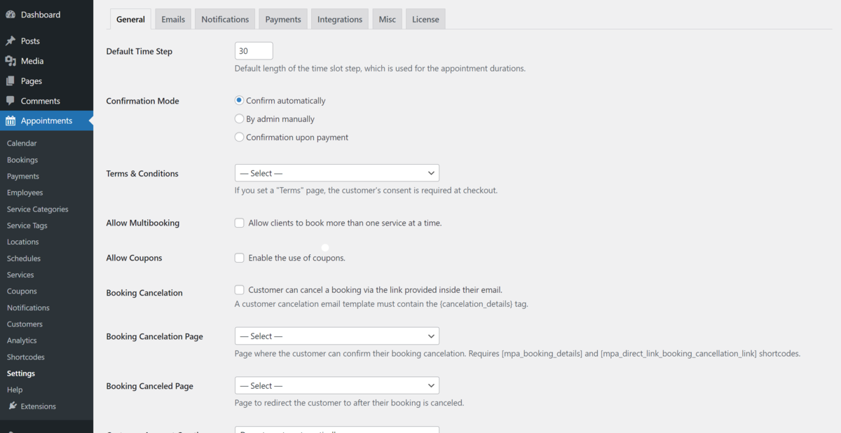 Initial configuration section for setting up WordPress appointment booking plugin by MotoPress