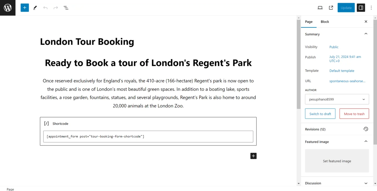 Editing a tour booking page to display an appointment booking form.