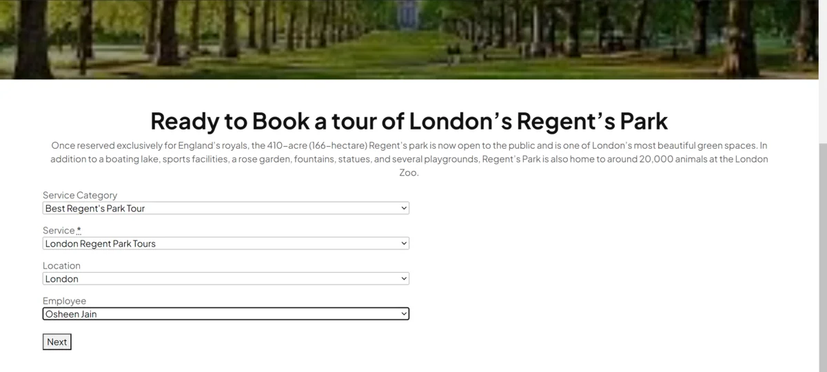 Screenshot of front-end of the tour booking page 
