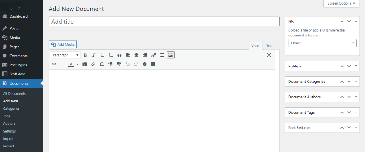 The Add New Document screen within the Document Library Pro plugin.