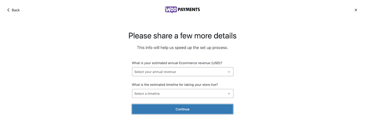 Entering your annual revenue information within WooPayments.