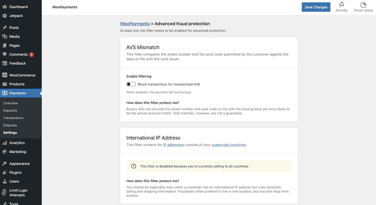 The Advanced Fraud Protection settings within WooPayments.