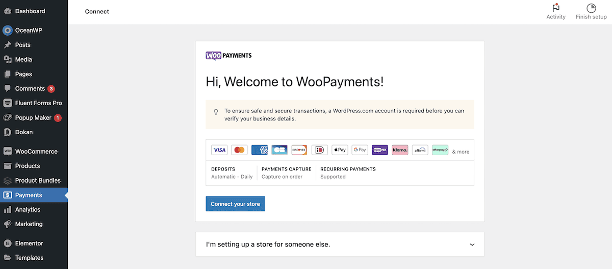 The Connect page of the WooPayments Setup Wizard.