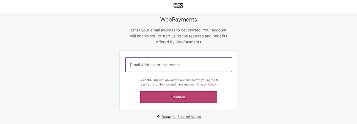Adding an email address to WooPayments to begin connecting it to your WooCommerce store.