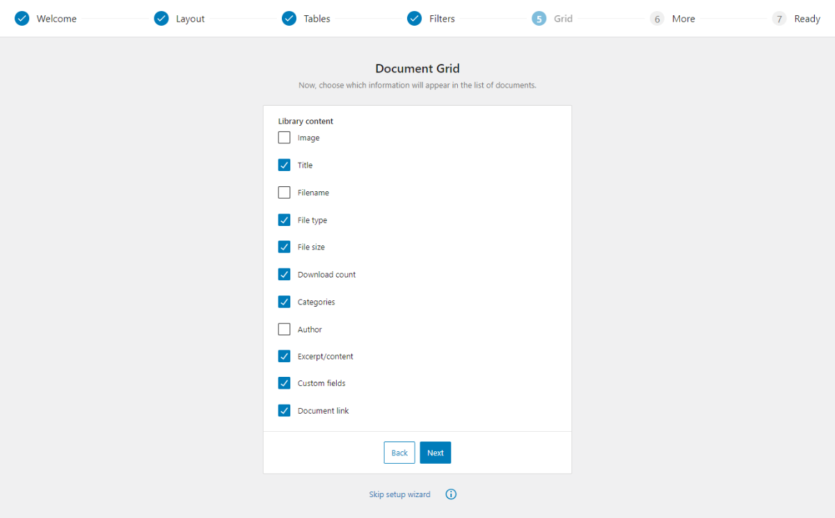The Grid options within the Document Library Pro setup wizard.