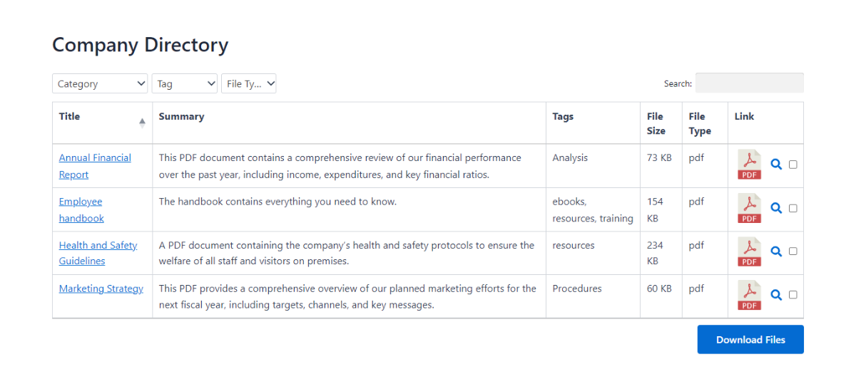 The Document Library Pro plugin showing a table full of links to PDF files, summaries for the content, download links, and more.