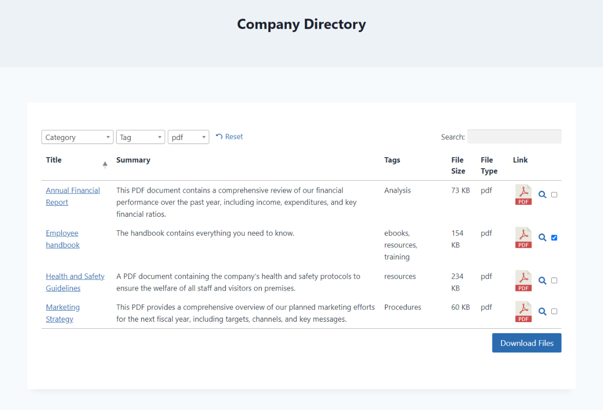 The front end of a website showing a WordPress PDF library using Document Library Pro.