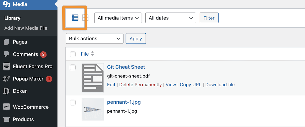 The WordPress Media Library screen highlighting the option to turn the grid view of the library into a list view.