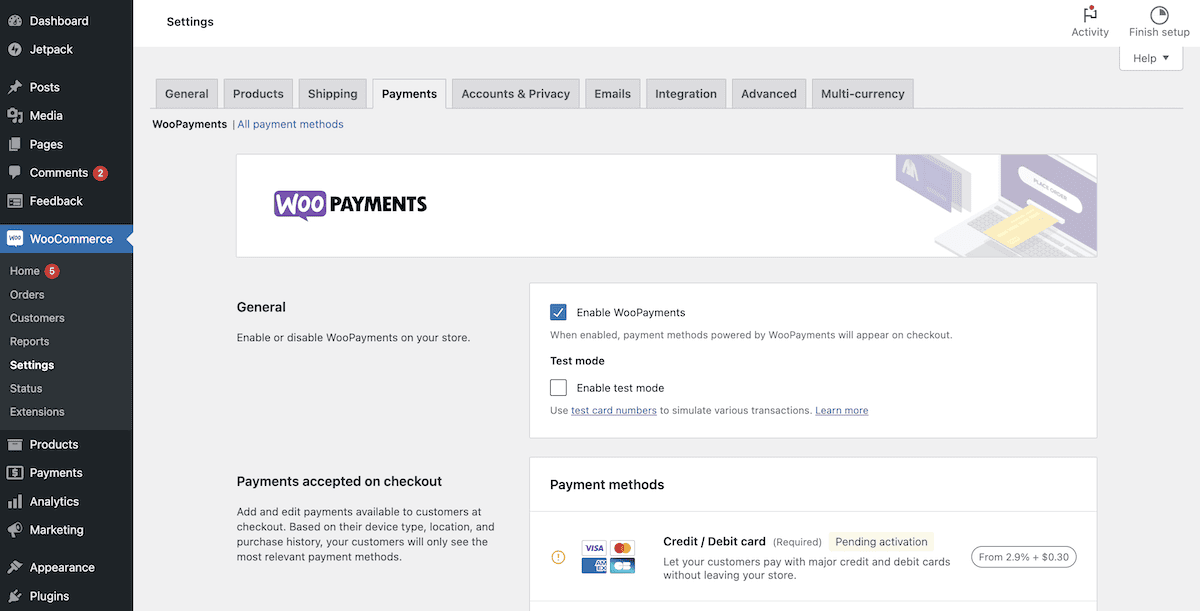 The WooPayments settings screen.