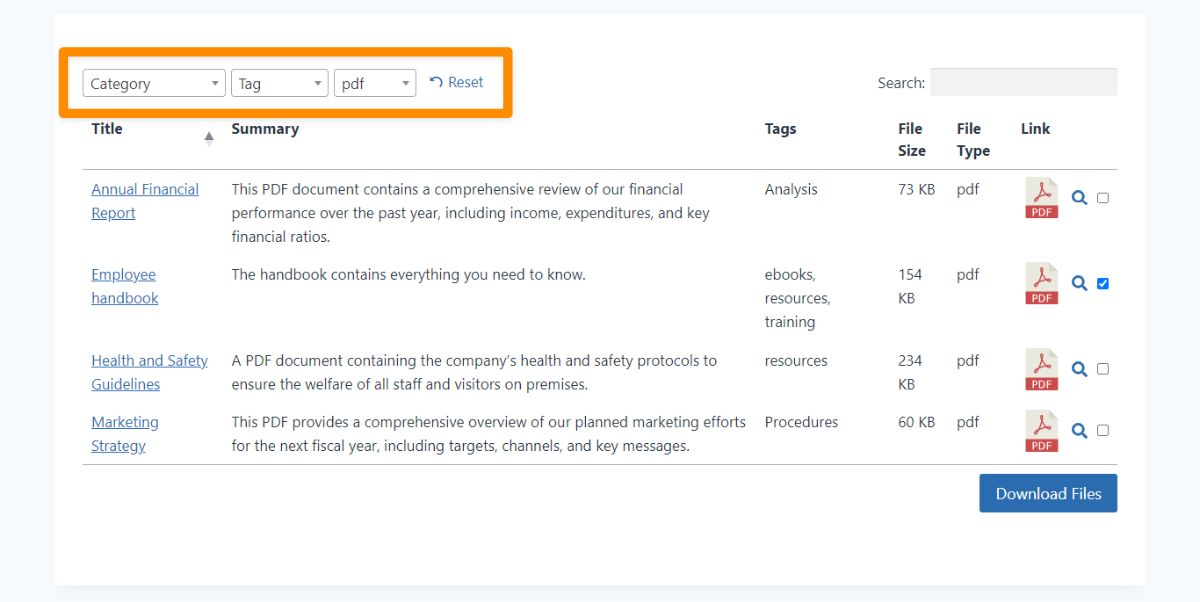 The front end of a WordPress PDF library highlighting the sorting and filtering options of the Document Library Pro plugin.