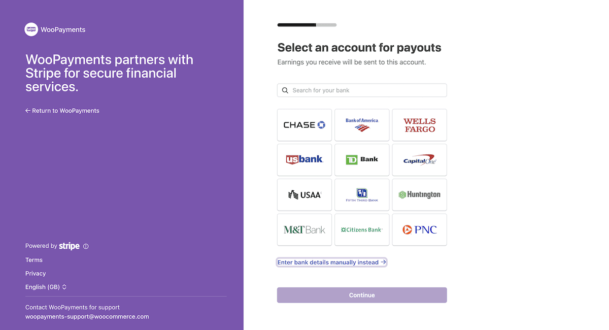 Choosing a specific bank from a list within Stripe's WooPayments setup screen.