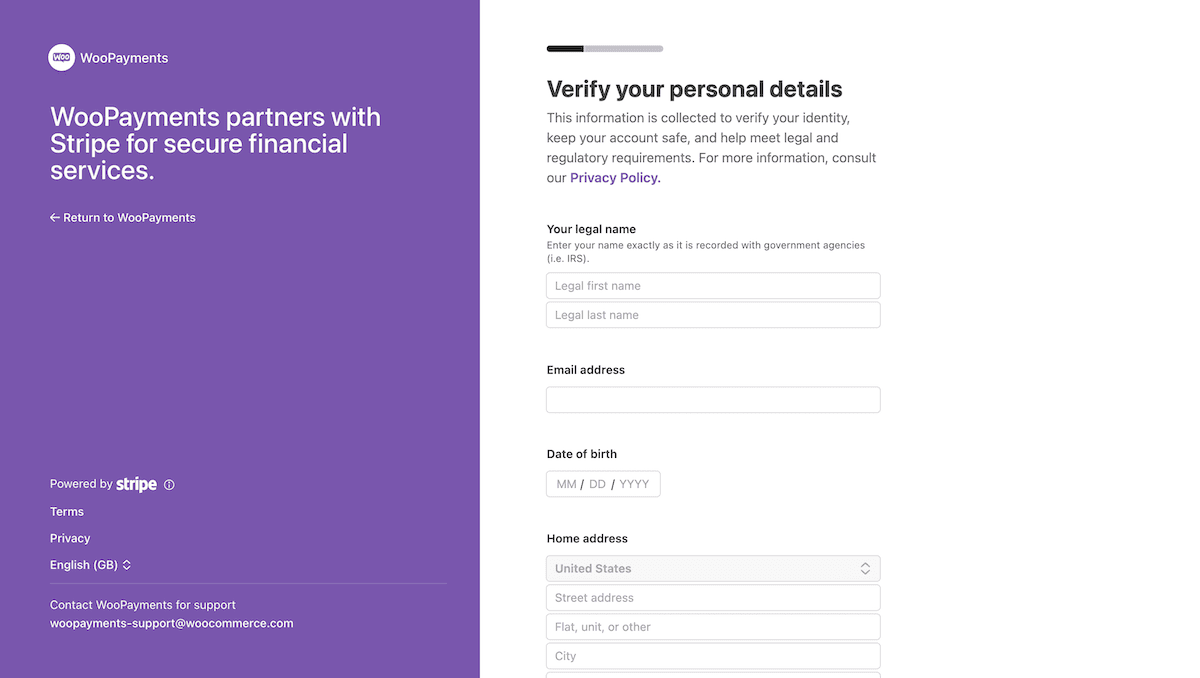 Entering personal information into the Stripe WooPayments setup screen.