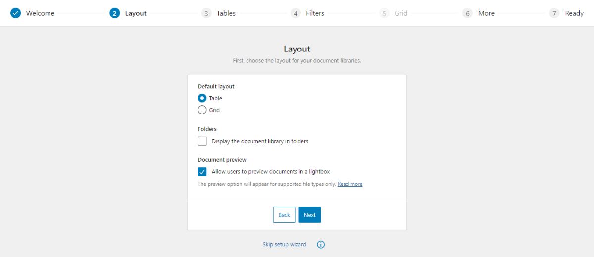 The Document Library Pro setup wizard showing the options to adjust the layout of the table.