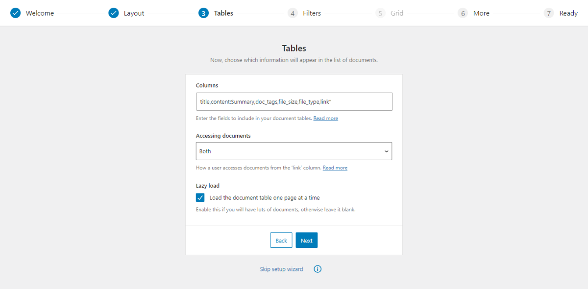 The Tables section of the Document Library Pro setup wizard.