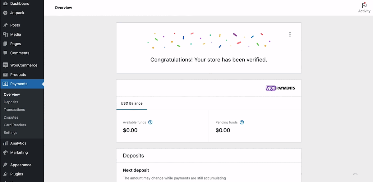 A verification notice within WooPayments.