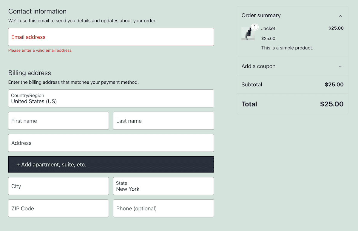A checkout page on a WooCommerce store showing the WooPayments interface for transactions.