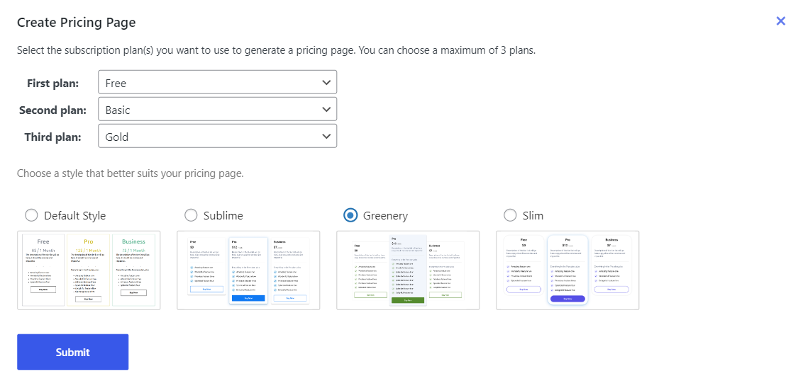Pricing table settings