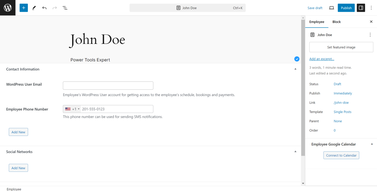 Adding a new team member to WordPress using the Block Editor.