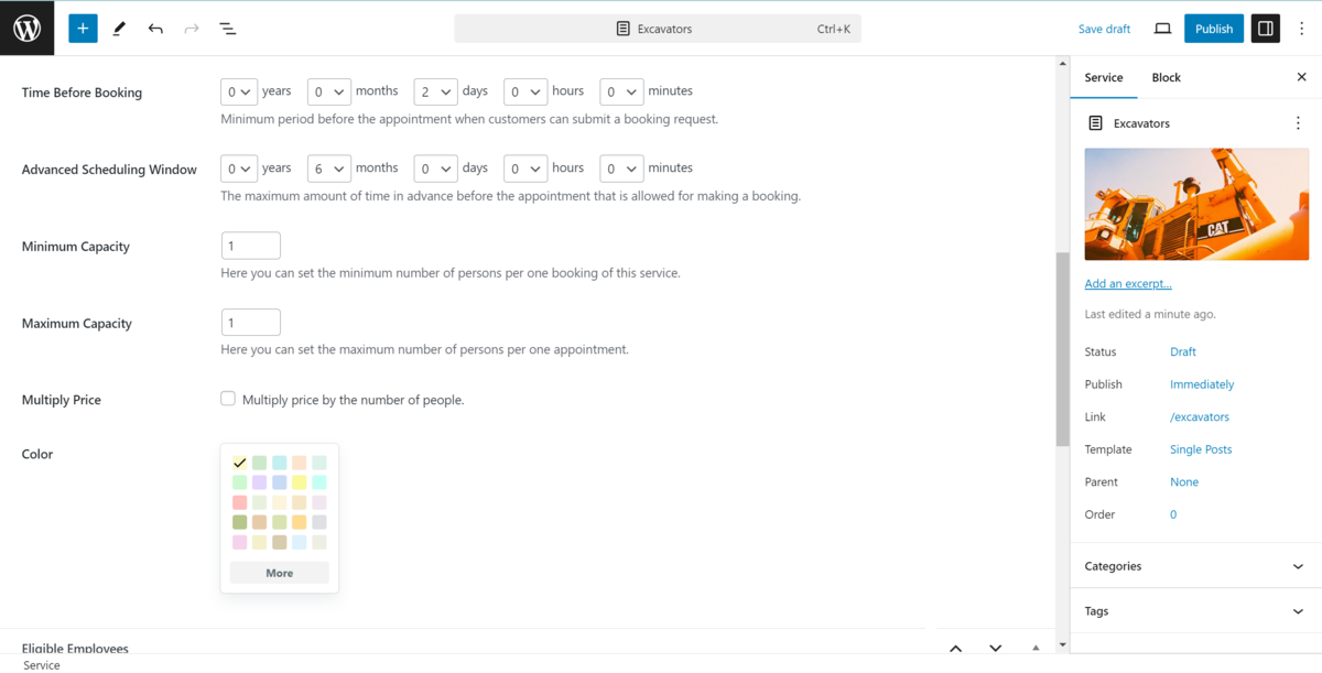 Adding capacity and booking time information to rental equipment within the Block Editor.