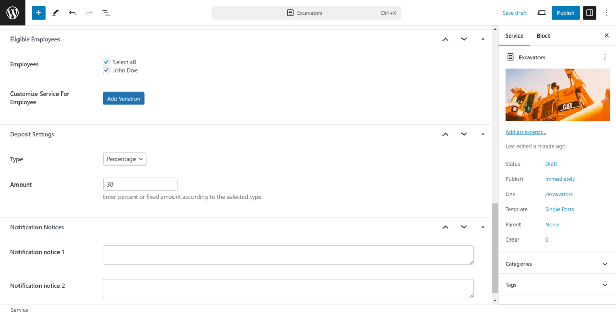 Setting up rental equipment employees, deposits, and notifications within the Block Editor.