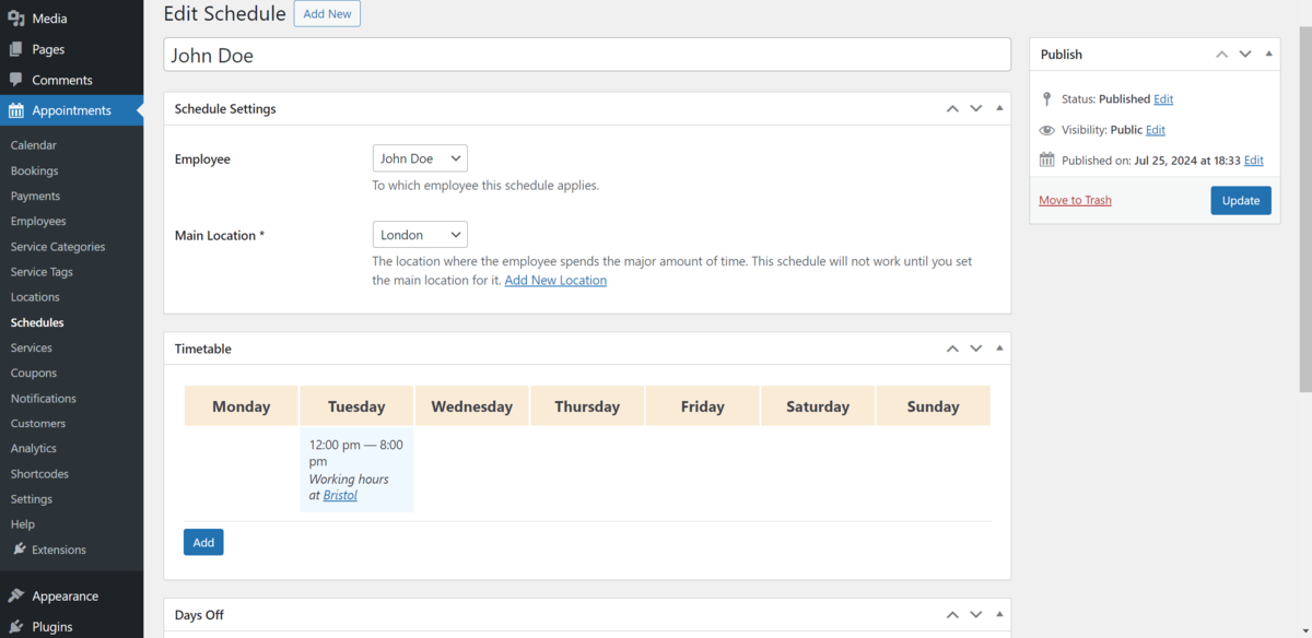 Adding a schedule for an employee within the MotoPress Appointment Booking plugin.