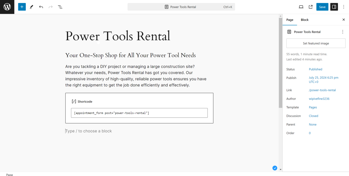 Adding a Shortcode Block to a page within the WordPress Block Editor.