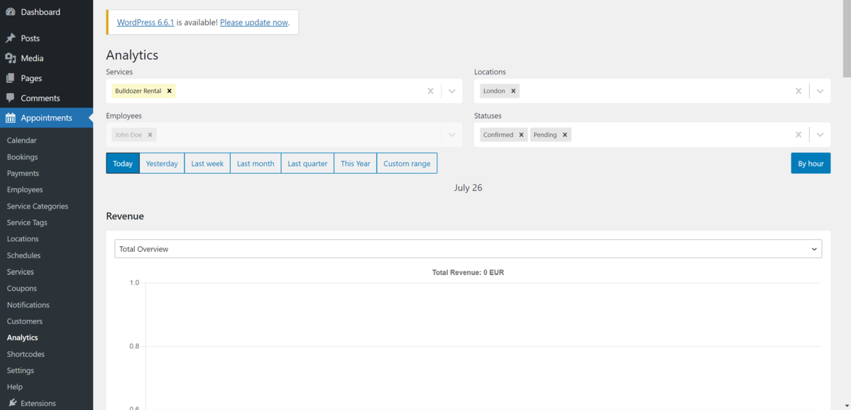The Appointment Booking plugin's analytics dashboard showing filter fields, and a chart displaying plot for revenue.