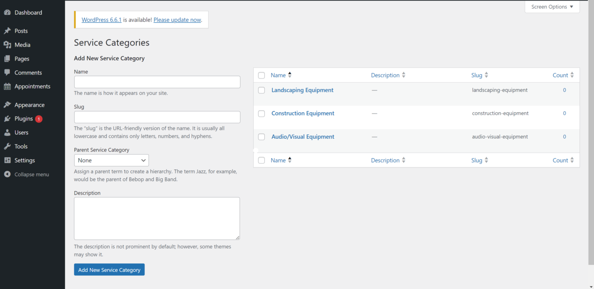 The Service Categories screen within WordPress.