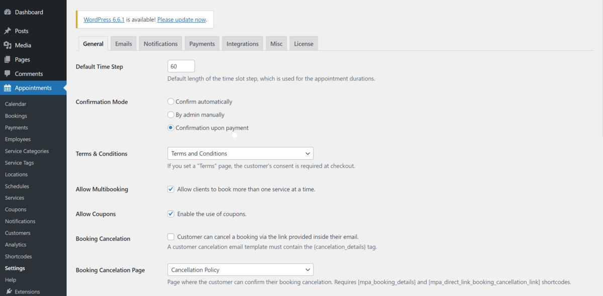 The General options screen for the MotoPress Appointment Booking plugin.