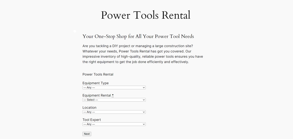 A landing page on the front end of a WordPress website showing a form for renting equipment.