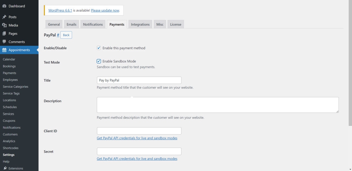 The Payments screen within WordPress, showing the options to enable the PayPal payment gateway.
