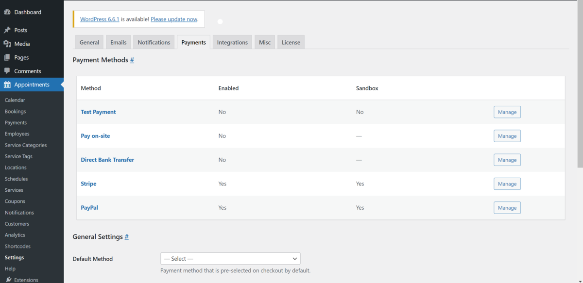 The Payment Methods screen within WordPress.