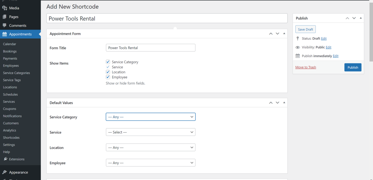 The Add New Shortcode screen within WordPress, which shows fields to generate a shortcode for the equipment booking form.