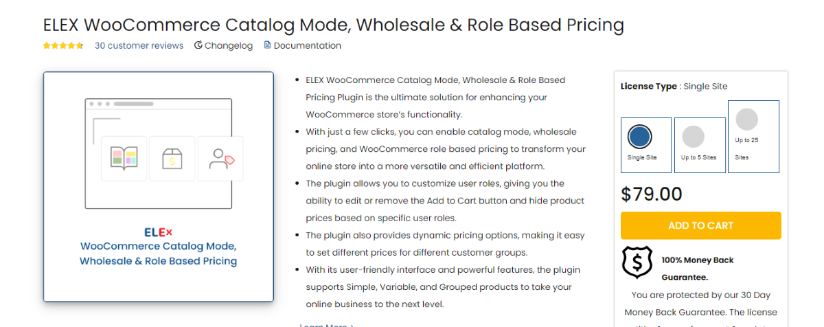 The ELEX WooCommerce Role Based Pricing plugin home page.